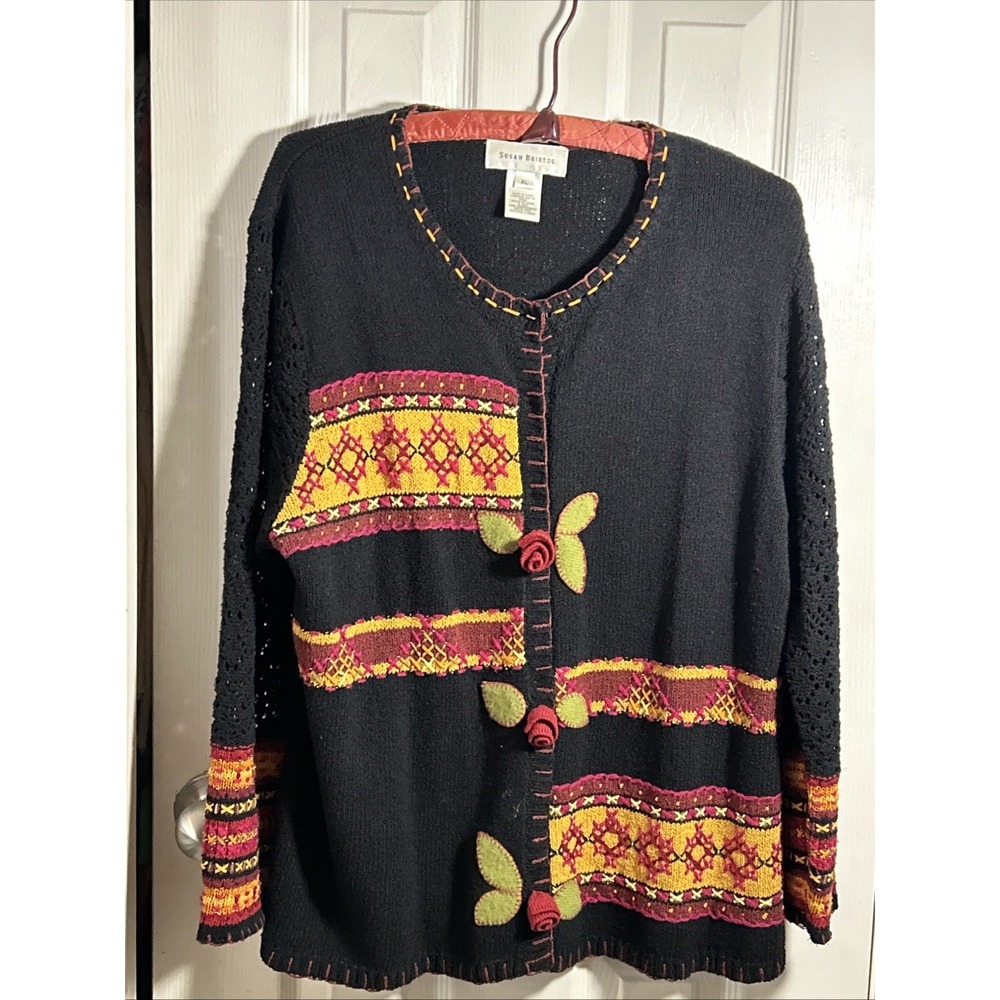 Wearable Art Vtg Susan Bristol Embroidered‎ Colorful Cardigan Size XL